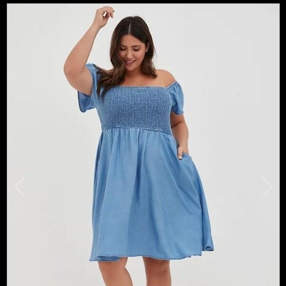 Off Shoulder Blue Chambray Smock Dress NWOT